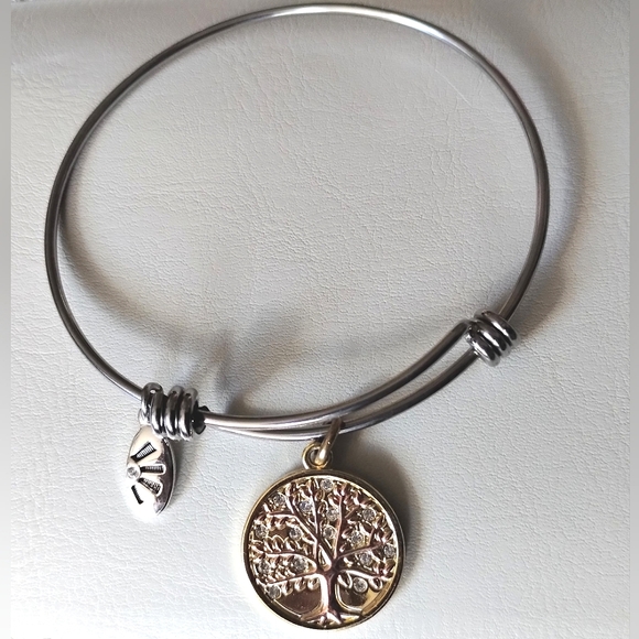 Tree Of Life Charm Bangle Adjustable Two Tone Bracelet - Picture 14 of 15